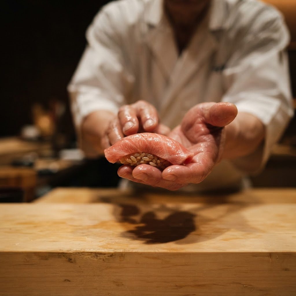 A sushi chef pressing a piece of nigiri and offering it forward across the counter