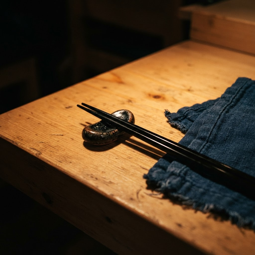 Lacquered chopsticks resting on the hinoki counter
