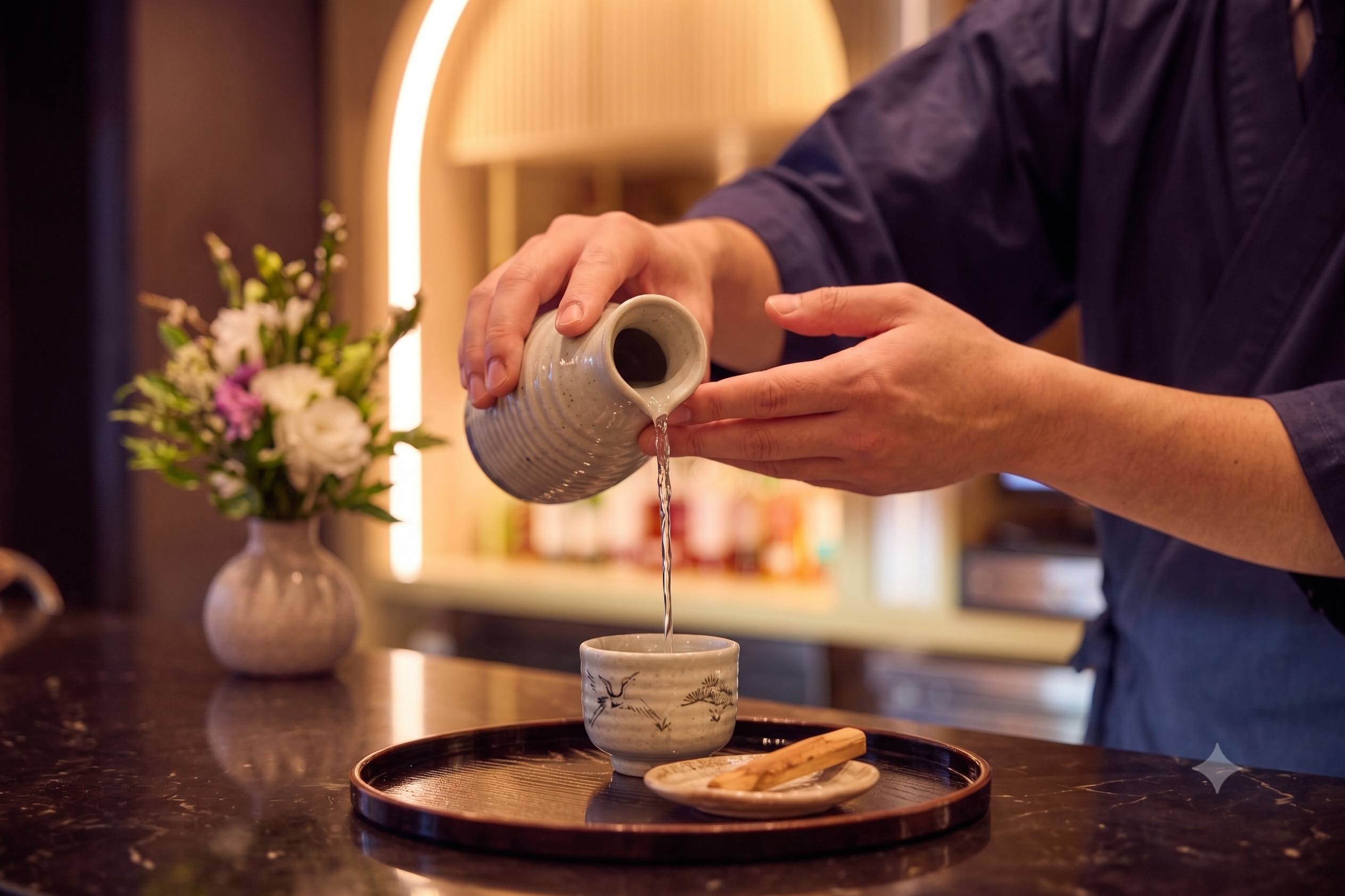 A server in an indigo kimono pouring sake from a ceramic tokkuri flask into a crane-painted cup on a wooden tray